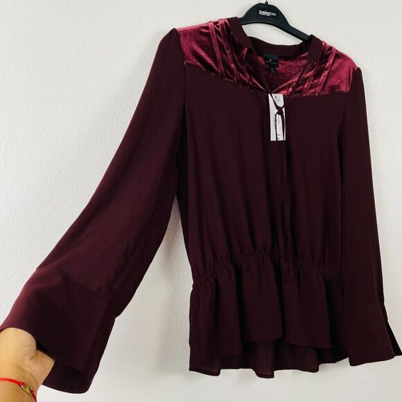 Worthington Blouse Tie Neck L Burgundy Velvet‎ Upper Bell Sleeves NWT - Picture 1 of 11